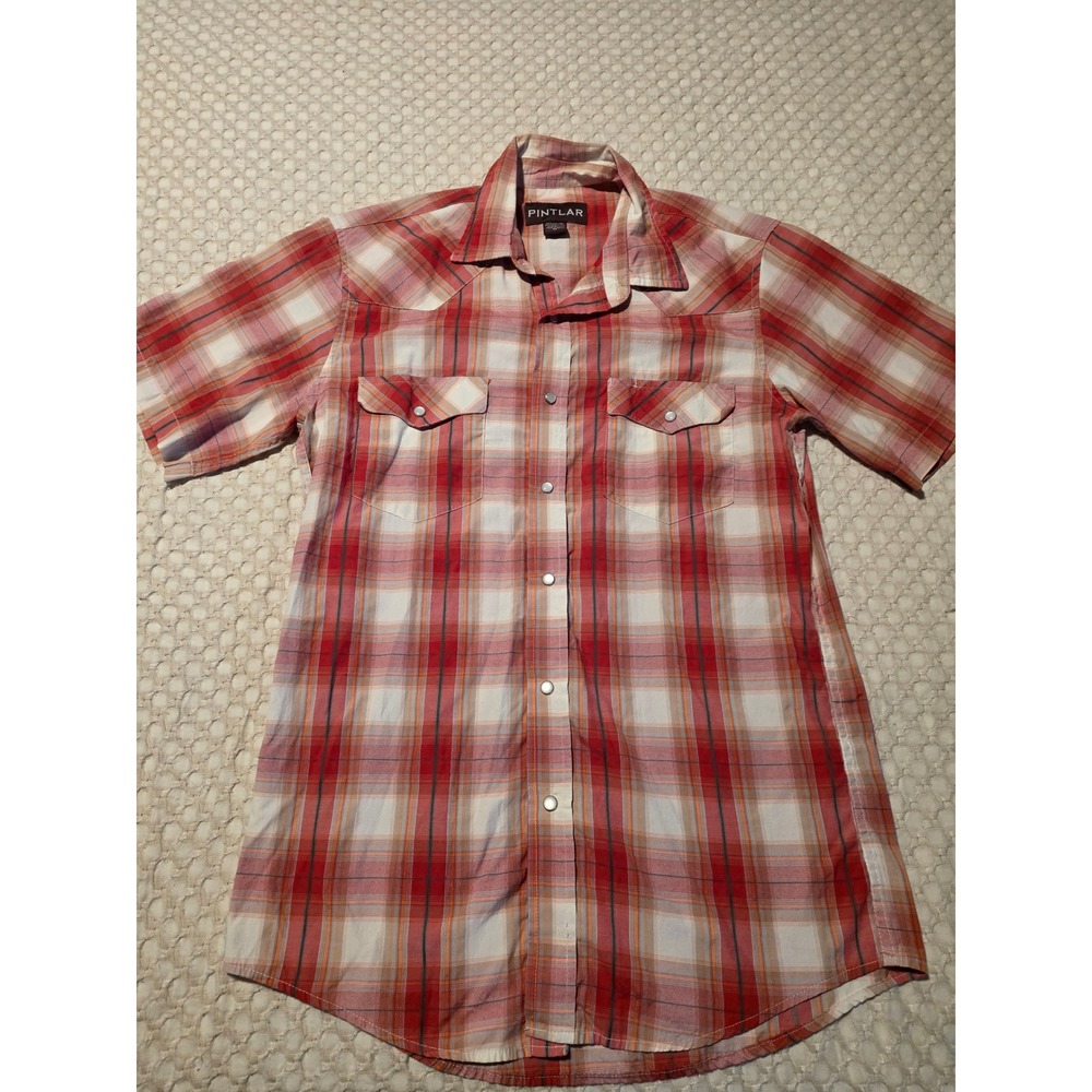 Pintlar Western Shirt Mens Medium Red Plaid Pearl Snap Short Sleeve Excellent‎